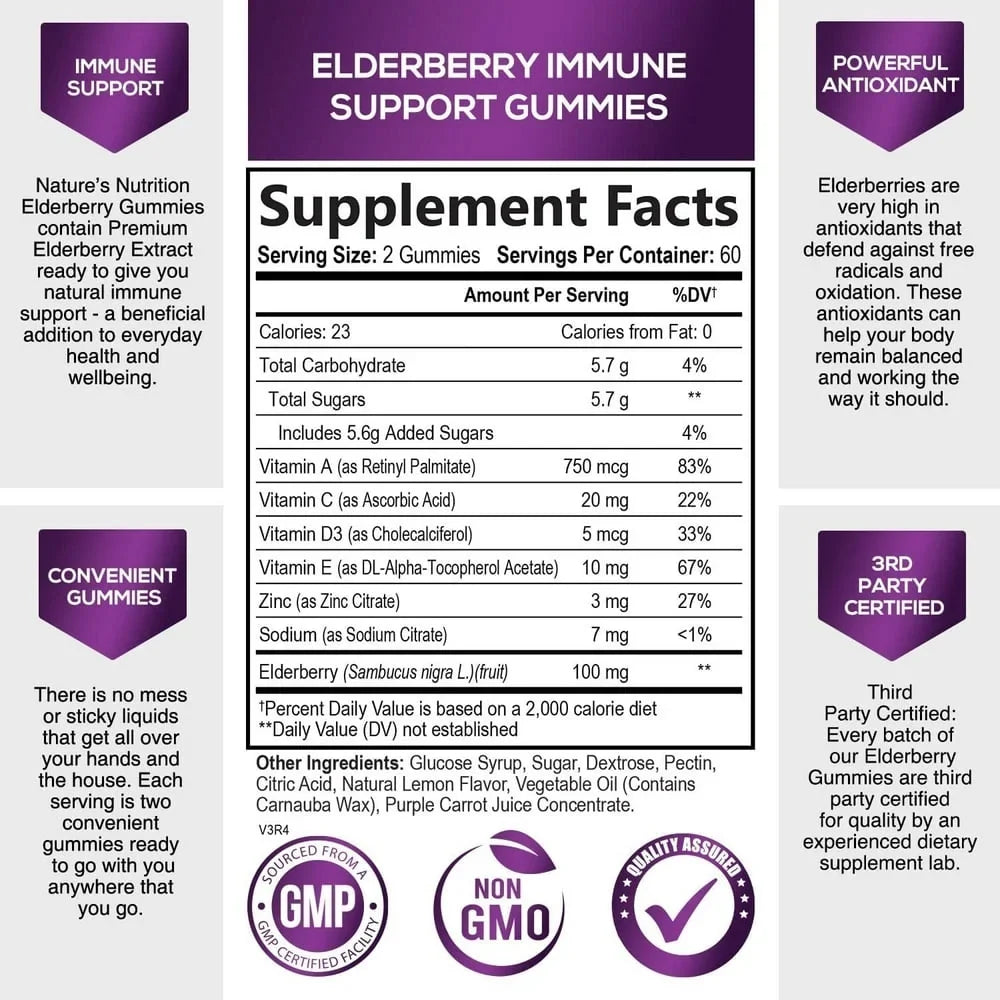 Nature's Sambucus Elderberry Gummies Immune Gummies with Vitamin C and Zinc, Immune Support Gummy Vitamin Supplement, Black Elderberry for Adults & Kids - Gluten Free Non-GMO - 120 Gummies