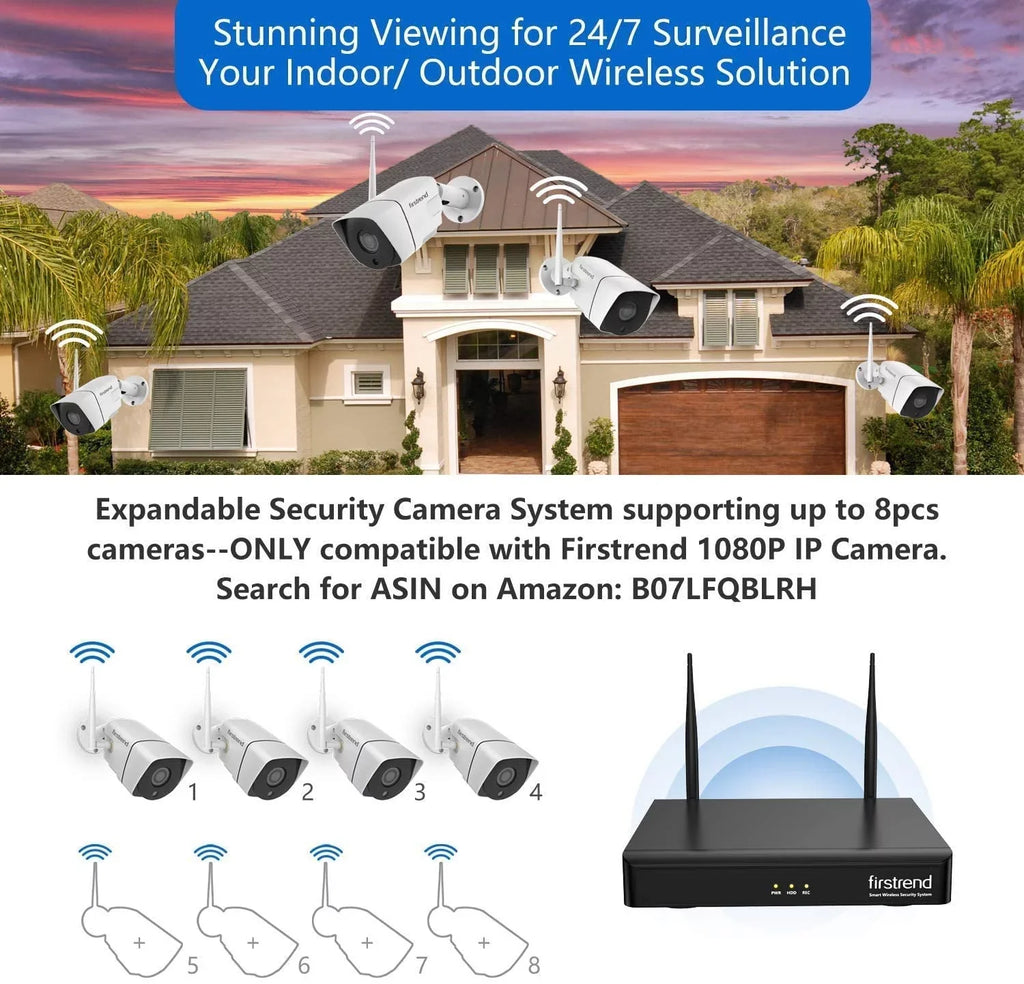 Security Camera System Wireless,Firstrend 1080P 8CH Wireless Home Security Systems with 4pcs 3MP Full HD Cameras 1TB HDD Night Vision Motion Detection Free App for Indoor Outdoor Video Surveillance