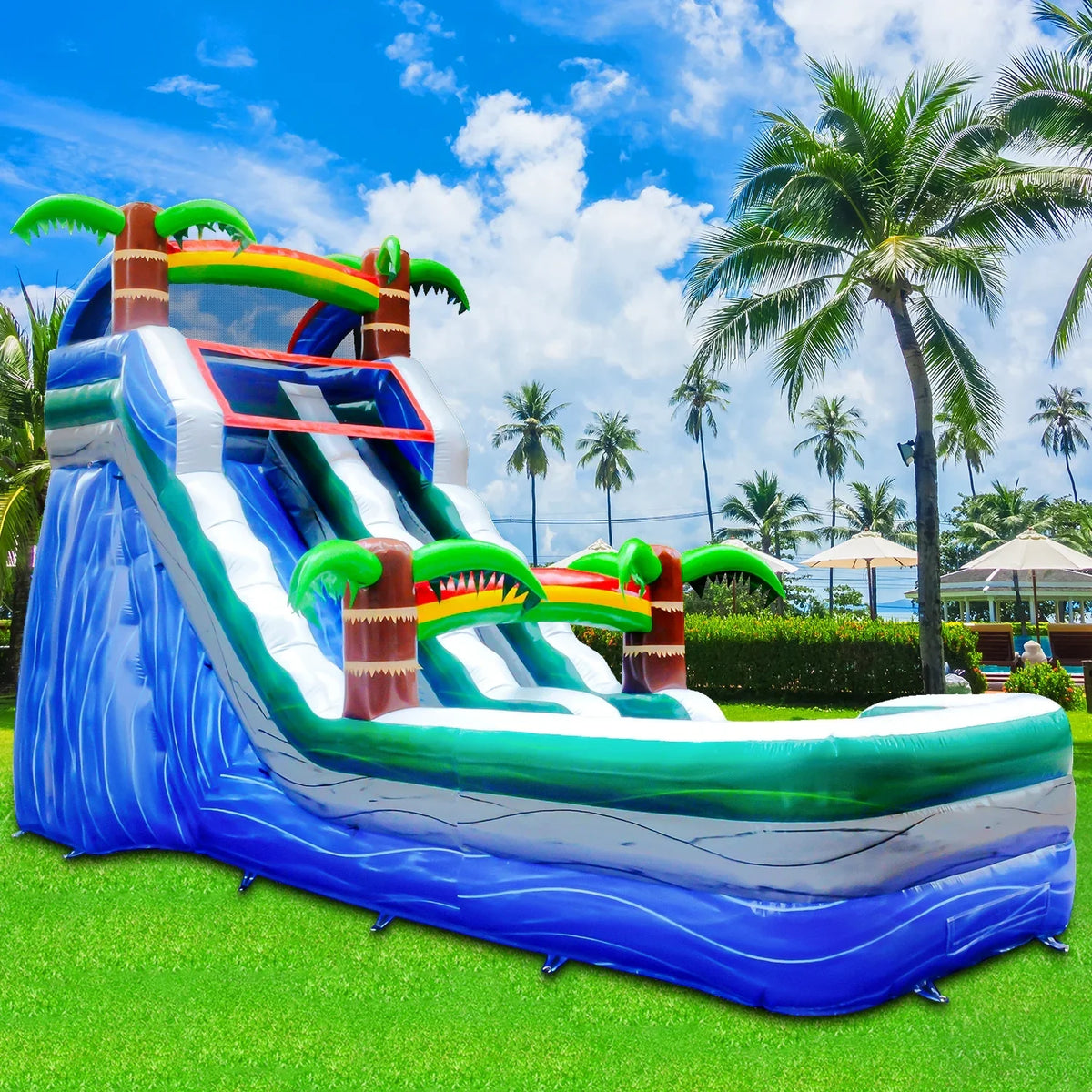 GOOSH 16 ft Palm Tree Inflatable Fluid Slide with Air Blower, Kids Blow Up Liquid Slide, Outdoor Commercial Liquid Slide-Climbing Wall, Slides & Splash Pool