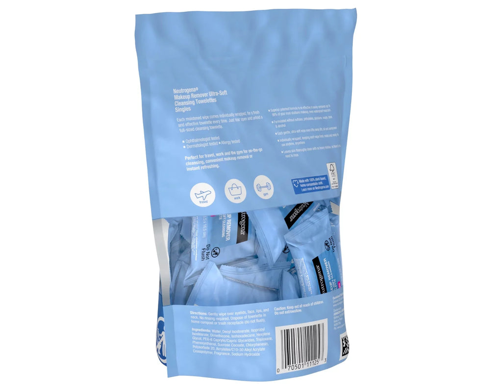 Neutrogena Makeup Remover Cleansing Towelette Singles, Daily Face Wipes to Remove Dirt, Oil, Makeup & Fluid (Pack of 3)