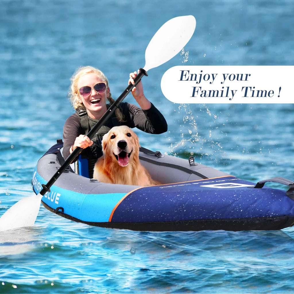 BRIGHT BLUE Inflatable Touring White Fluid Paddling Kayak 1-2 Persons sit-on with Paddles,Hand Pump,Backpack,Fins