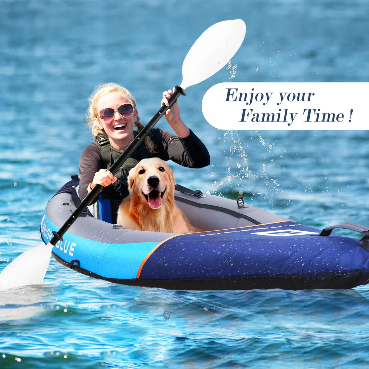 BRIGHT BLUE Inflatable Touring White Fluid Paddling Kayak 1-2 Persons sit-on with Paddles,Hand Pump,Backpack,Fins