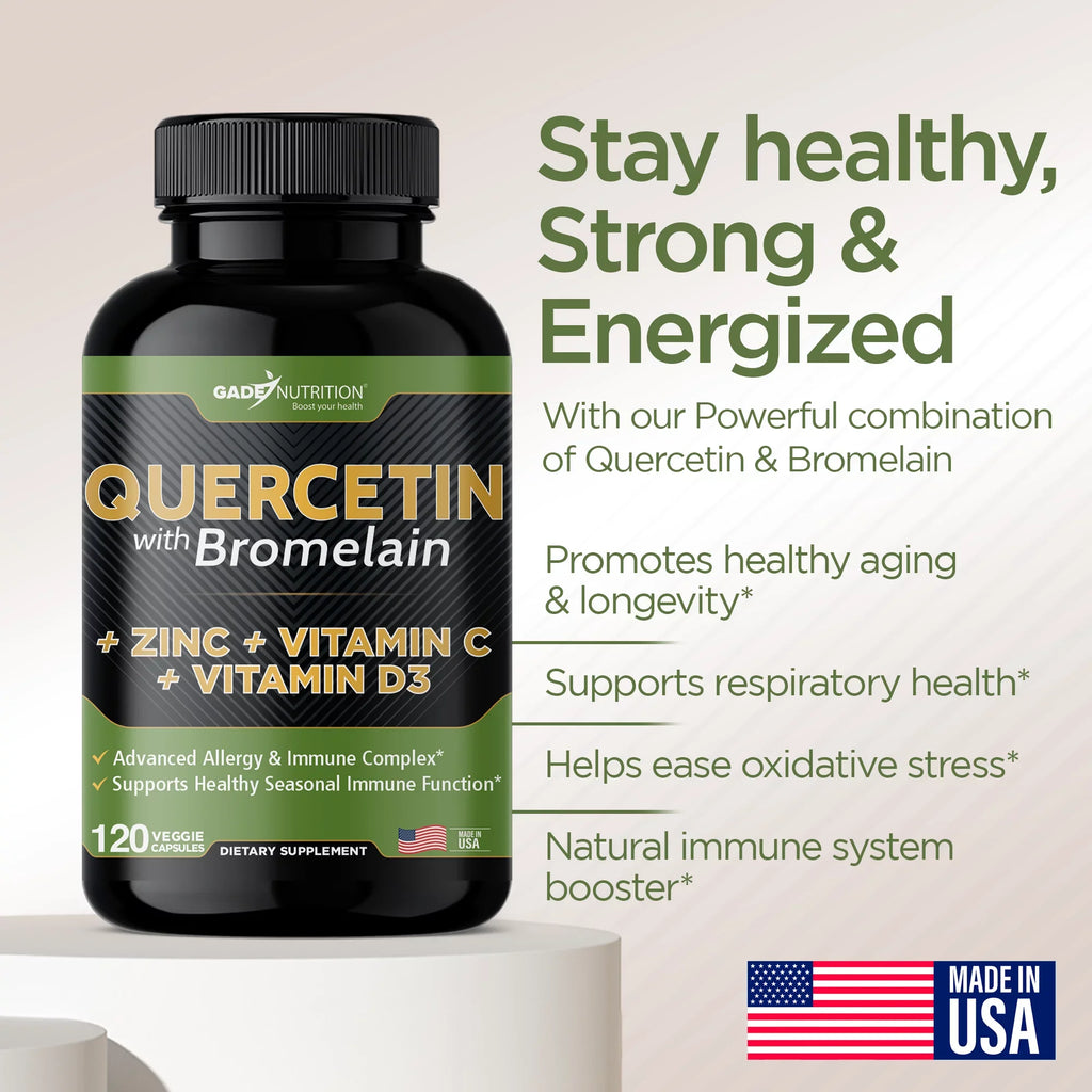 Quercetin with Vitamin C and Zinc - Quercetin 500mg - Quercetin with Bromelain - Zinc Quercetin - 240 Veggie Caps. Quercetin Supplements + Vitamin D3 (Non-GMO, Gluten-Free, Vegan)