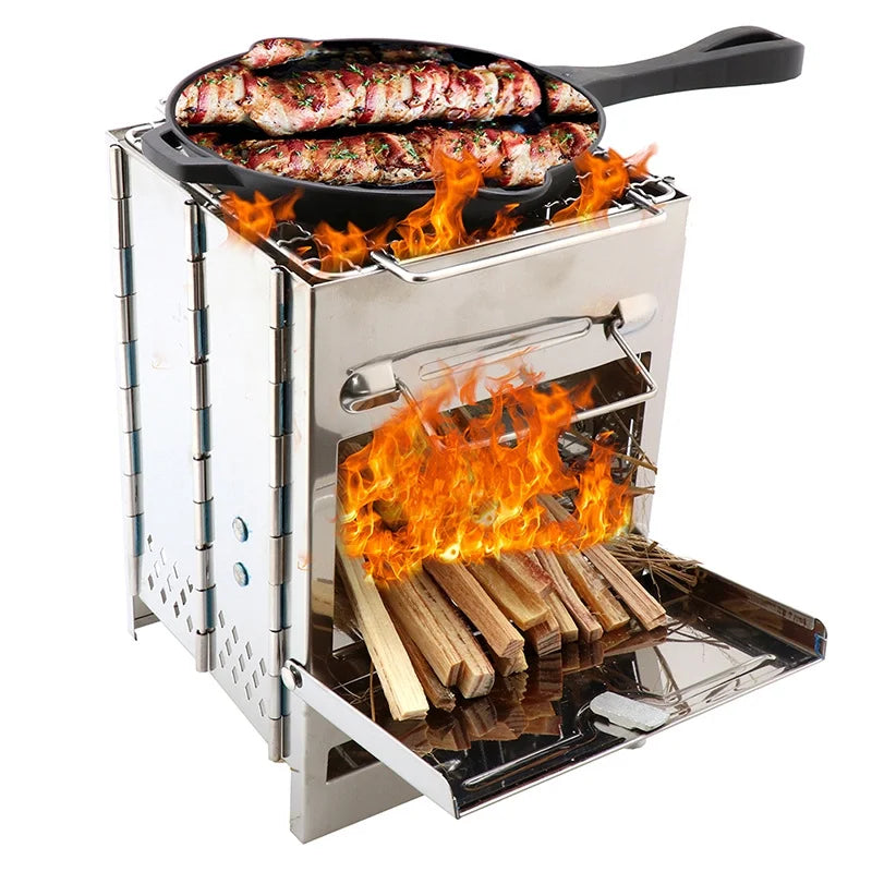 Portable Folding Camping Wood Stove For Outdoor Cooking, Sturdy Lightweight Stainless Steel Wood Burning Camp Stove With Grill For Backpacking BBQ Picnic