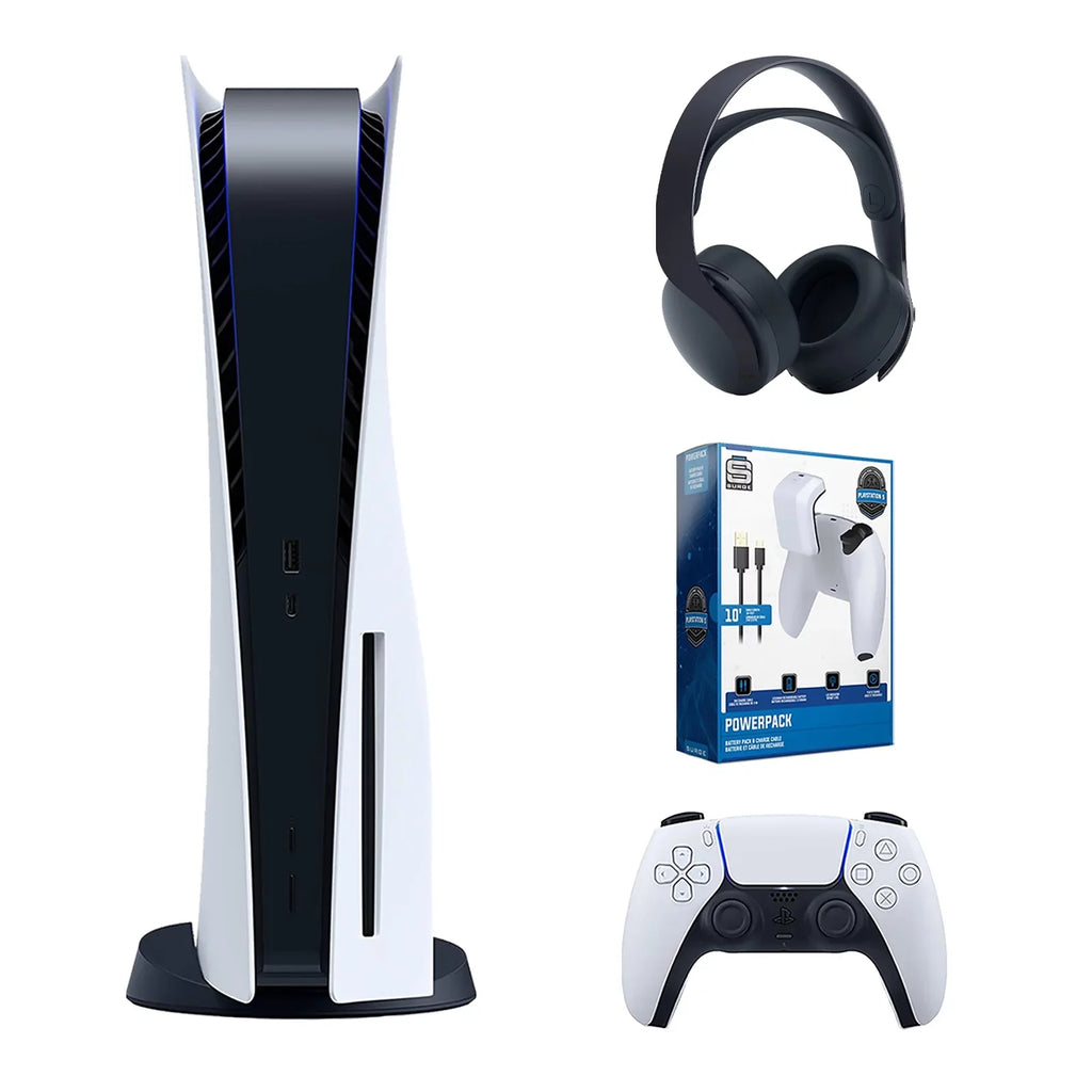 Playstation 5 Disc Version Console with Black PULSE 3D Wireless Gaming Headset and Surge PowerPack PS5 Battery Pack & Charge Cable