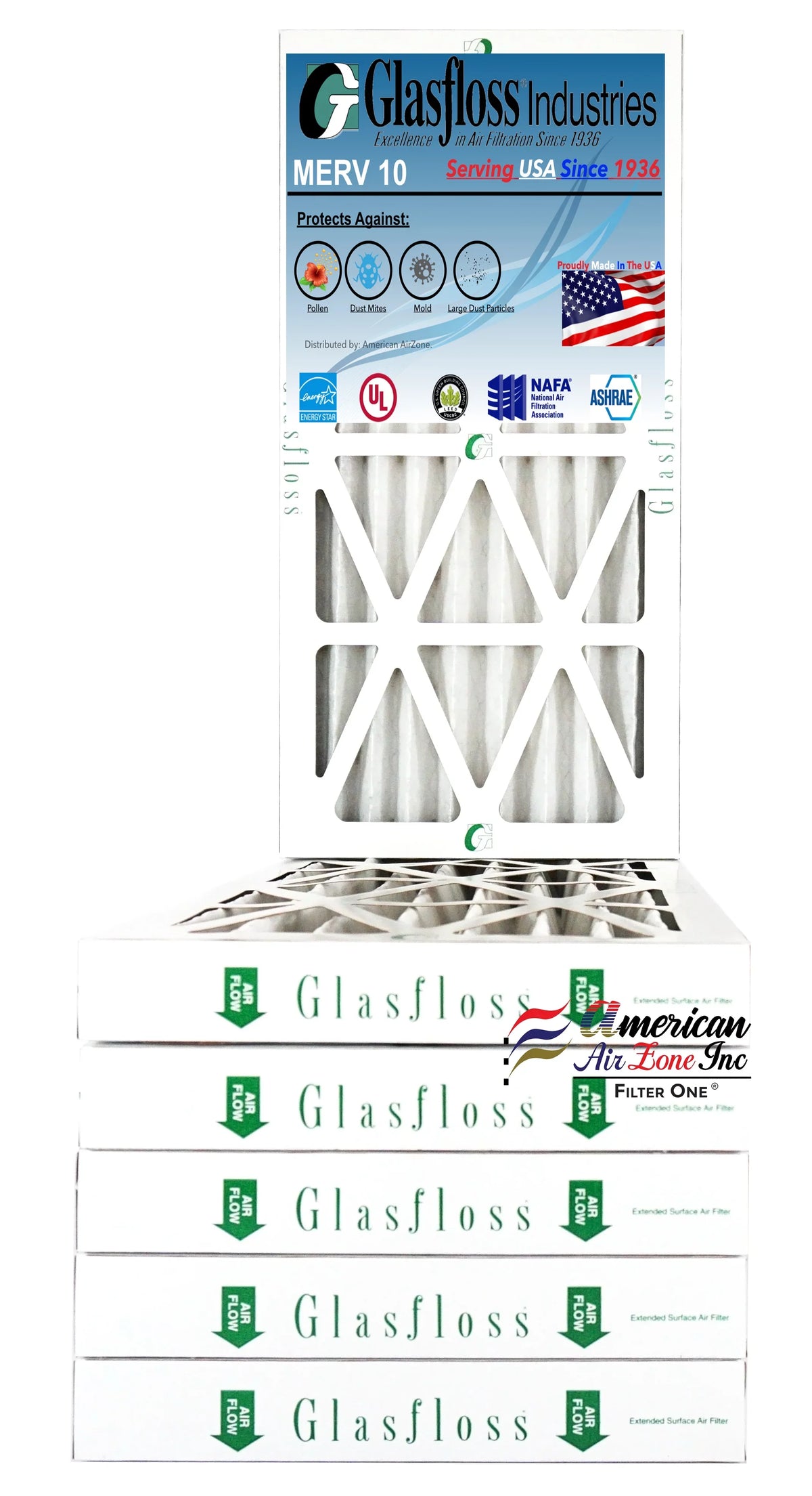 Glasfloss Air Filter 10x25x2 - 2" MERV 10 - (Pack of 6) - Pleated AC or HVAC Air Filter - Furnace Air Filter - Home or Office - Made In The USA.
