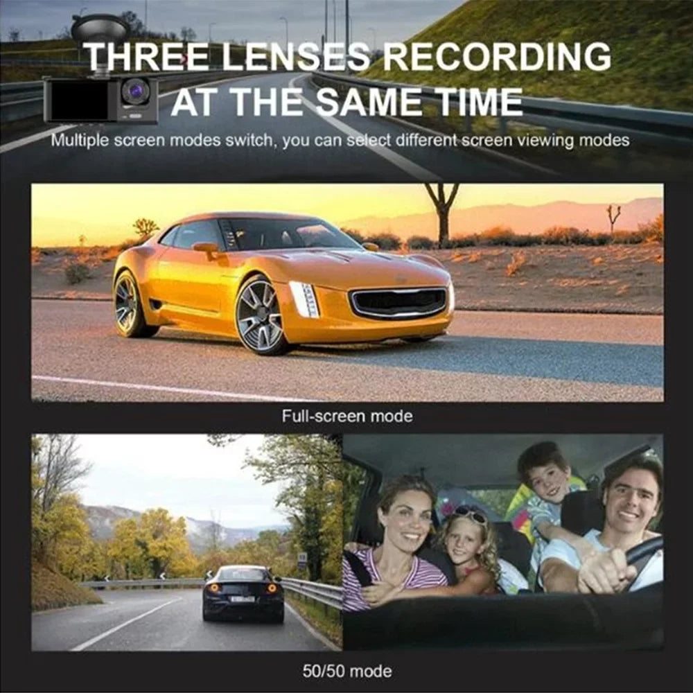 ALLTIMES 1080HD Car Dash Cam Recorder, 3 in 1 Cameras Front Interior Rear 2" HD IPS Display Monitor G-Sensor, Motion Detection, Loop Recording, with Car Charger and Video Cable