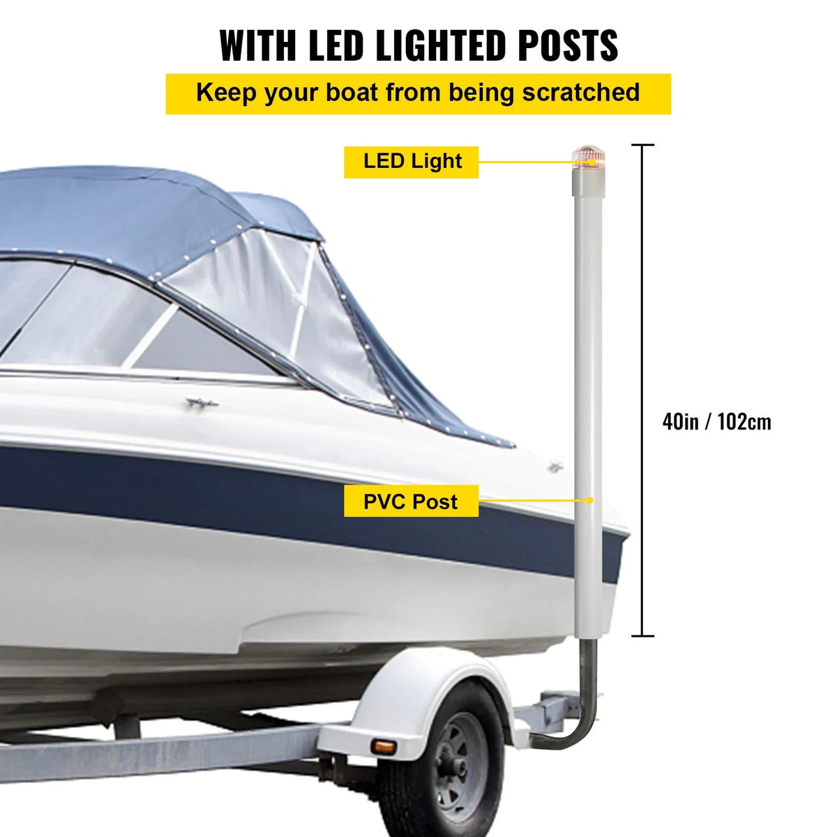 VEVORbrand Boat Trailer Guide-on, 40", 2pcs Galvanized Steel Trailer Post Guide on, with LED-Lighted PVC Tube Covers, Mounting Hardware Included, for Ski Boat, Fishing Boat or Sailboat Trailer