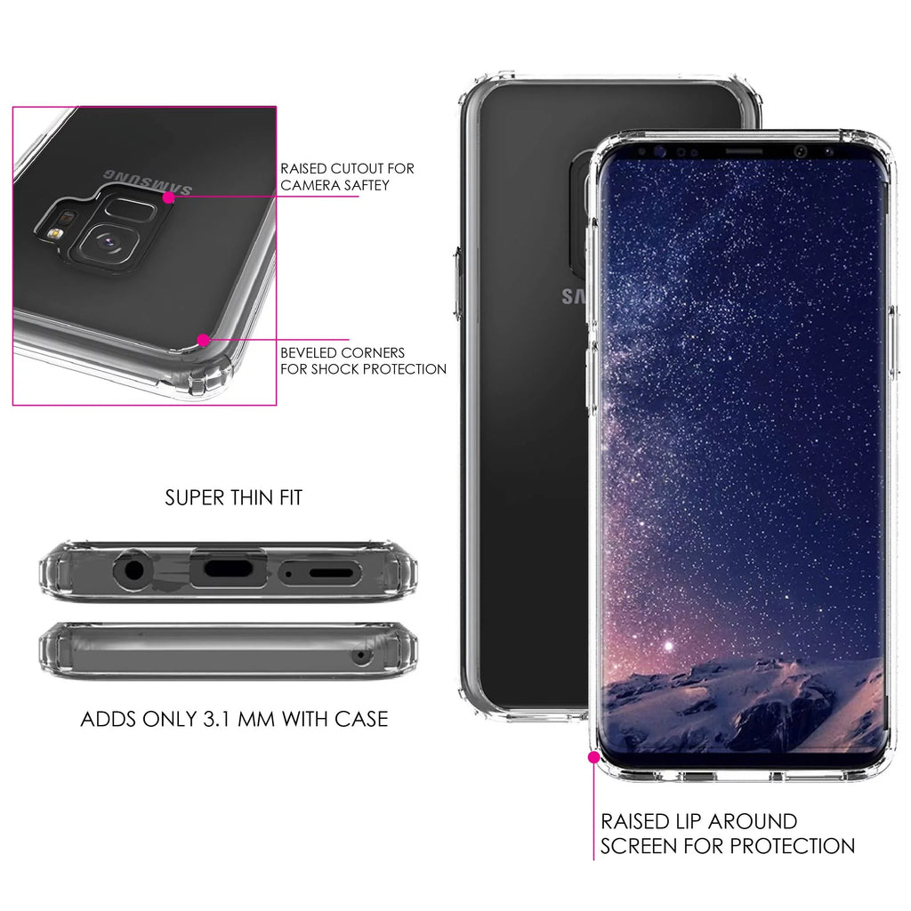 DistinctInk Clear Shockproof Hybrid Case for Galaxy S9 (5.8" Monitor - TPU Bumper Acrylic Back Tempered Glass Monitor Protector - Cross Heart - Faith Hope Love