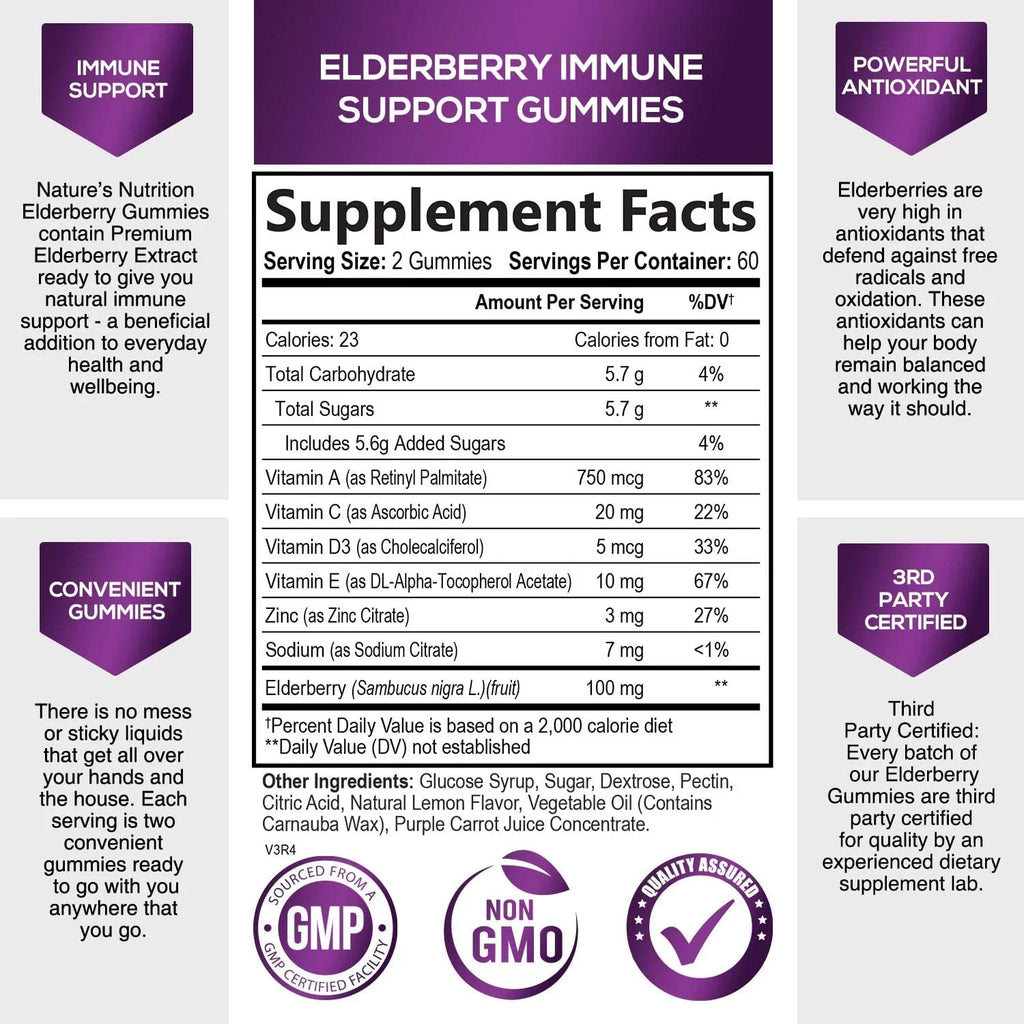 Nature's Sambucus Elderberry Gummies Immune Gummies with Vitamin C and Zinc, Immune Support Gummy Vitamin Supplement, Black Elderberry for Adults & Kids - Gluten Free Non-GMO - 120 Gummies