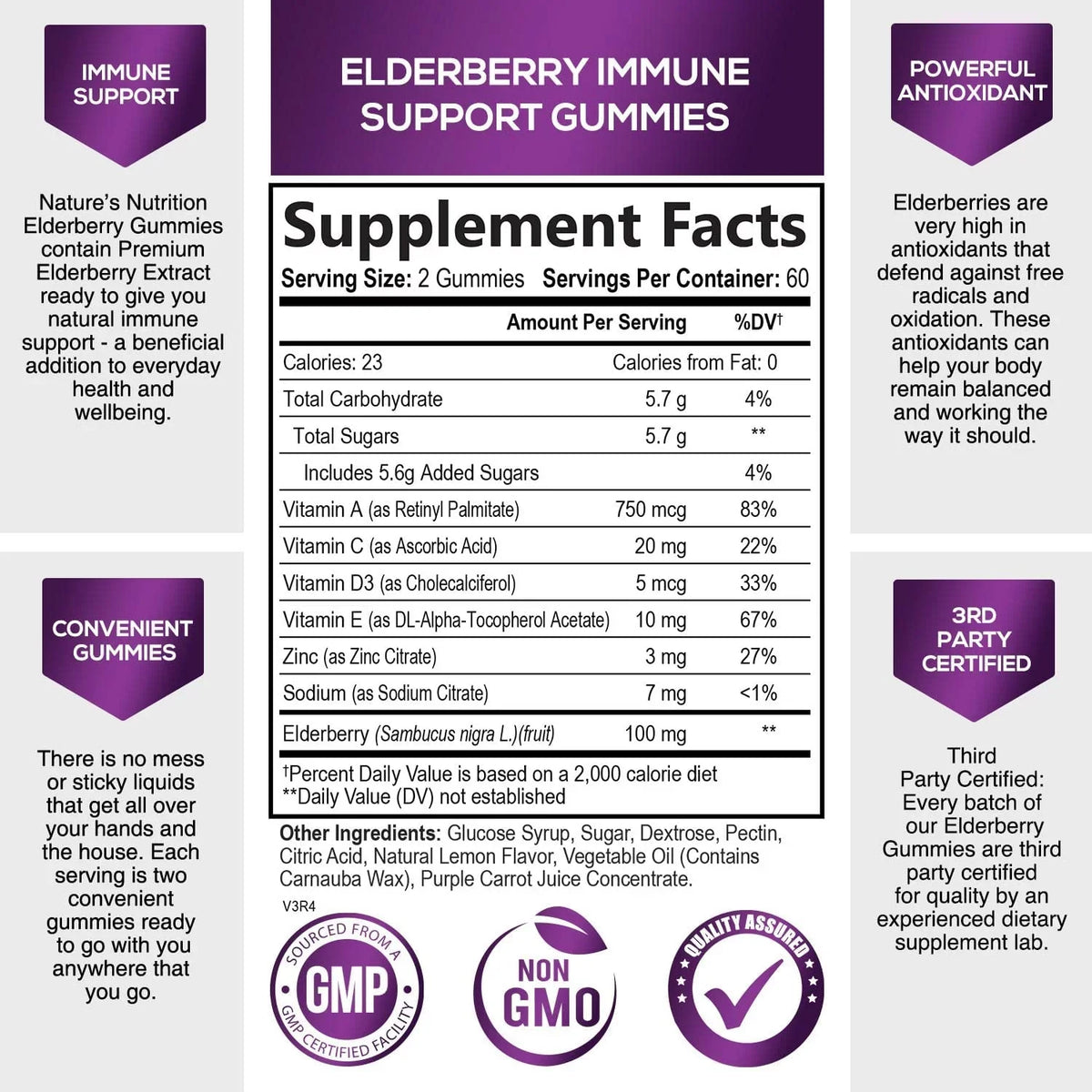 Nature's Sambucus Elderberry Gummies Immune Gummies with Vitamin C and Zinc, Immune Support Gummy Vitamin Supplement, Black Elderberry for Adults & Kids - Gluten Free Non-GMO - 120 Gummies