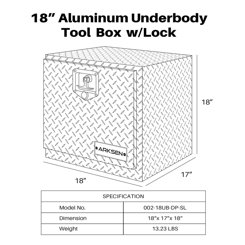 ARKSEN 18" Aluminum Truck Underbody Diamond Plate ToolBox w/ T-Handle Latch Sturdy Pickup Trailer Storage Organizer Tool Box Key Lock, Silver