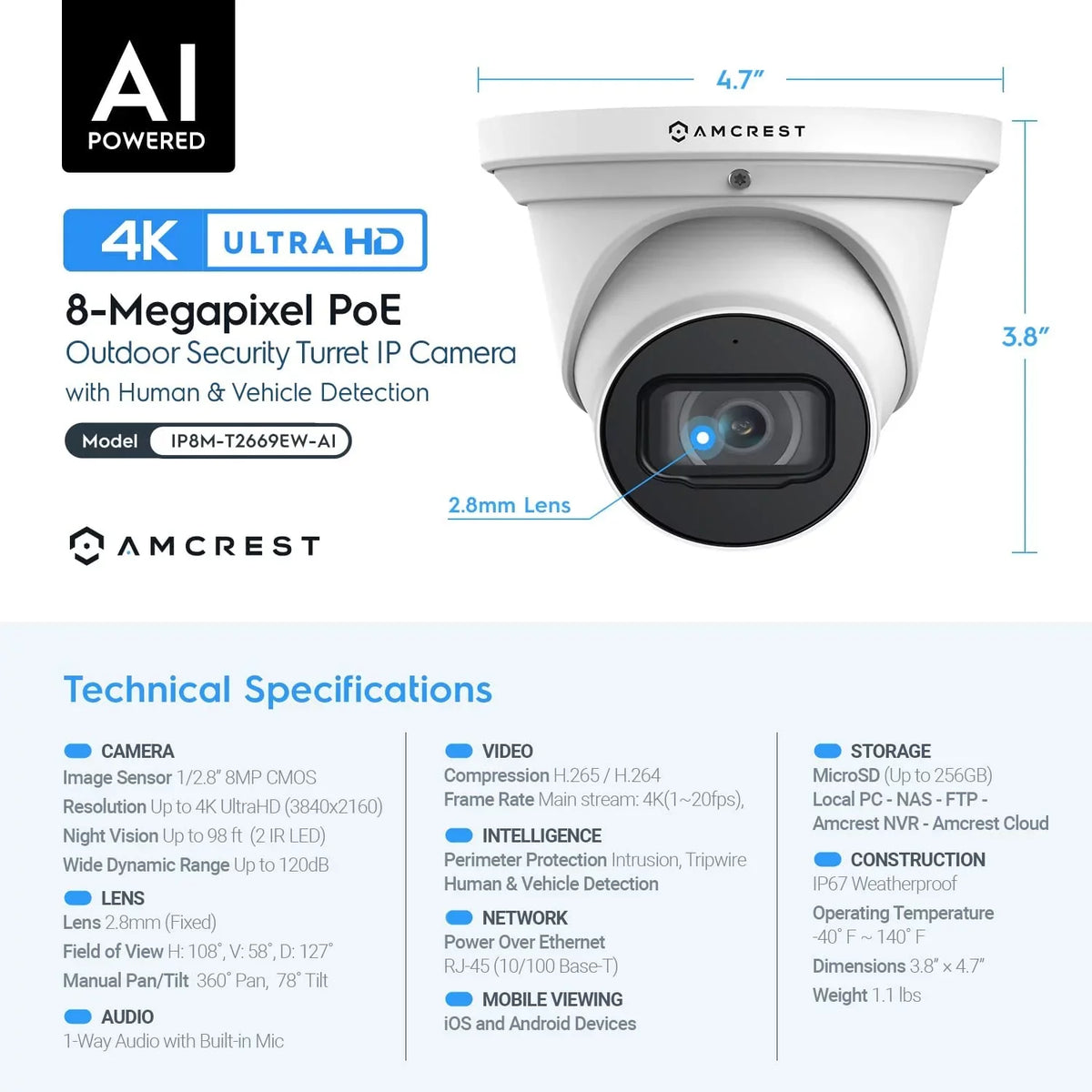 Amcrest 4K POE Camera AI Human/Vehicle Detection, UltraHD 8MP Outdoor Security Turret POE IP Camera, 3840x2160, Wide Angle, IP67 Weatherproof, MicroSD, Built in Mic, White (IP8M-T2669EW-AI) Second-hand