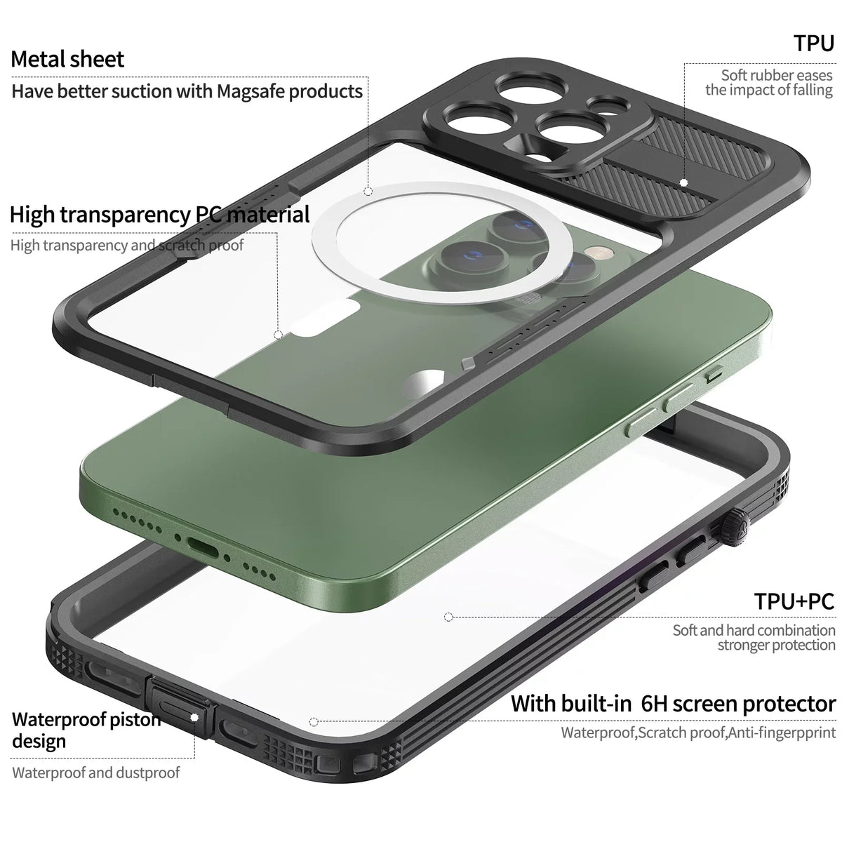 for iPhone 14 Pro 6.1" Case Liquid Built-in 6H Display Protector [Real 360][IP68 Liquid Military Dropproof][Dustproof][Compatible with MagSafe] for iPhone 14 Pro - Black