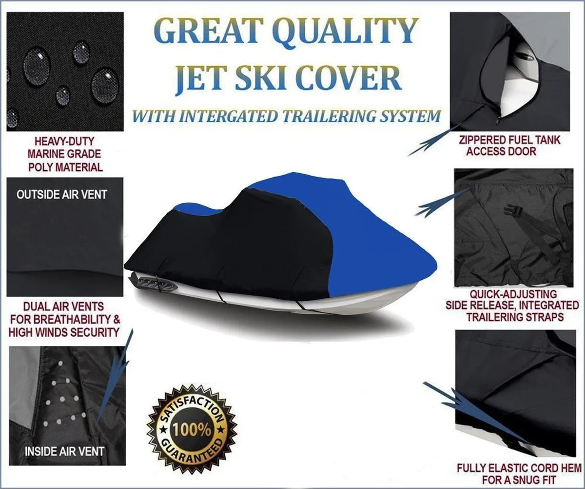 BLACK / BLUE HEAVY-DUTY, PWC 600D JET SKI Cover Compatible for Kawasaki ST 750 / JT750 ST 1993 1994 1995-1998