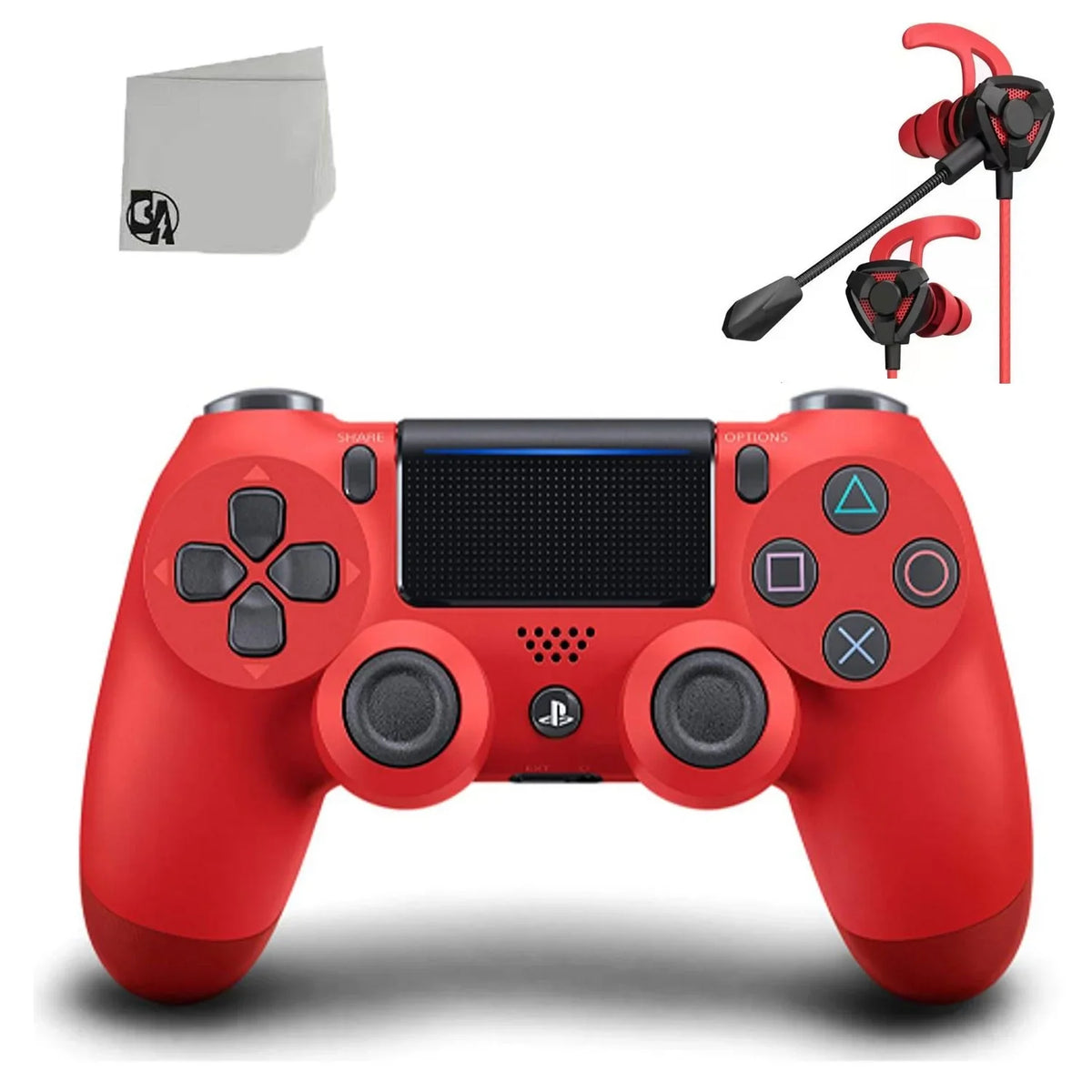 Pre-Owned Dual Shock Red Gaming Controller For PS4 Console + Wired Earbuds BOLT AXTION Bundle (Refurbished: Like New)