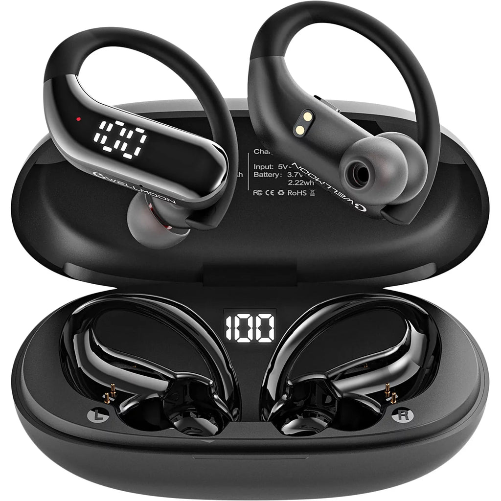 Bluetooth 5.3 Headphones Wireless Earbuds 100hrs Playtime Wireless Charging Case Digital Display Sports Ear buds with Earhook Premium Deep Bass Liquid Over-Ear Earphones for TV Phone Mobile pc Black
