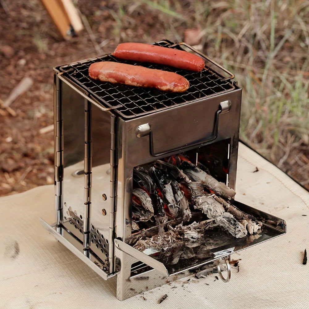 Portable Folding Camping Wood Stove For Outdoor Cooking, Sturdy Lightweight Stainless Steel Wood Burning Camp Stove With Grill For Backpacking BBQ Picnic