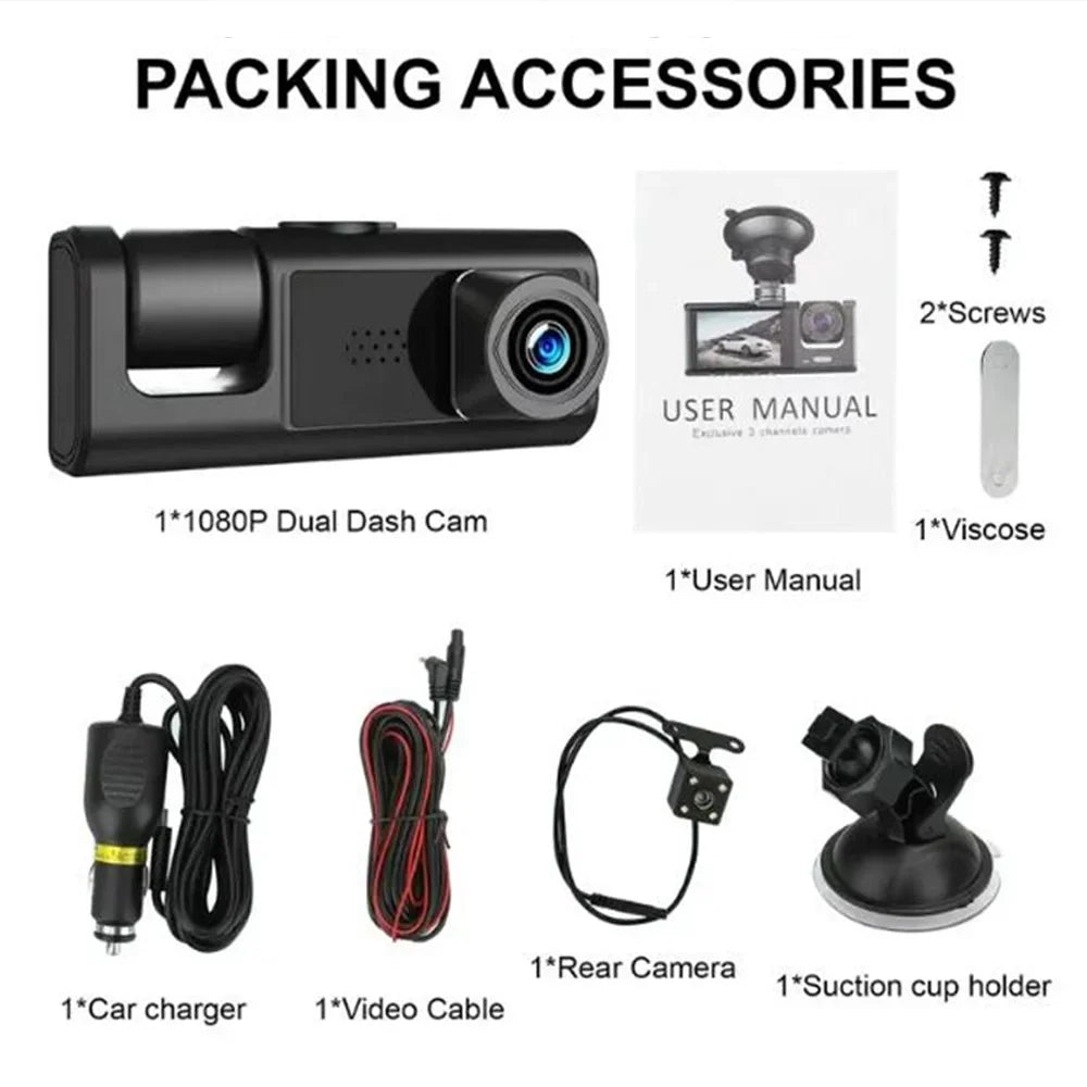 ALLTIMES 1080HD Car Dash Cam Recorder, 3 in 1 Cameras Front Interior Rear 2" HD IPS Display Monitor G-Sensor, Motion Detection, Loop Recording, with Car Charger and Video Cable