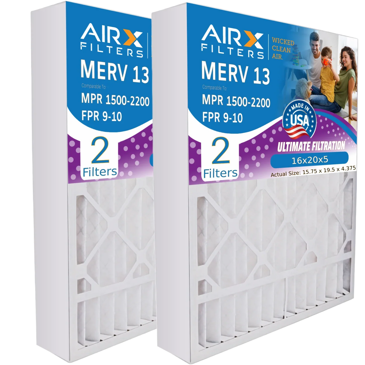 16x20x5 Air Filter MERV 13 Comparable to MPR 1500 - 2200 & FPR 9 Compatible with Lennox X0582 Air Filter 2 Pack by AIRX FILTERS WICKED CLEAN AIR.