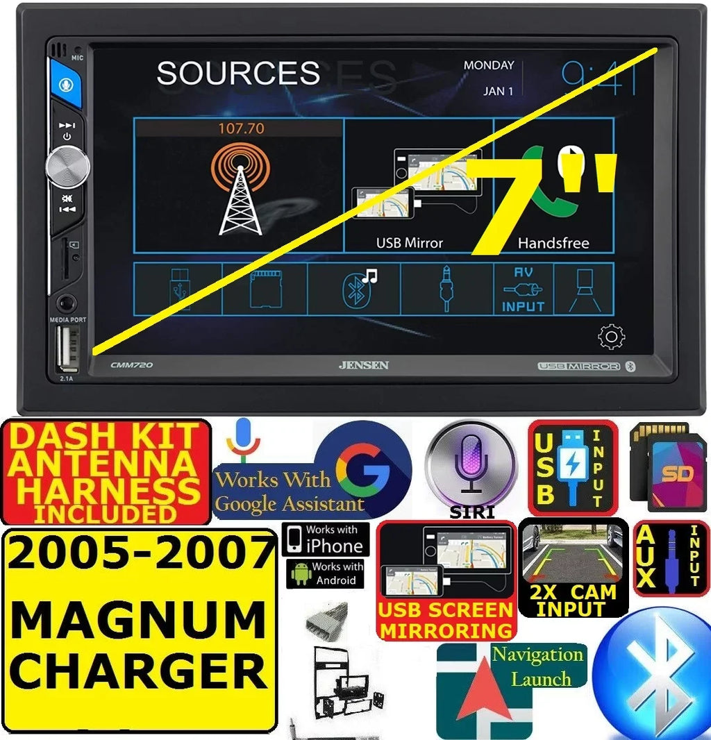 FITS 05-07 DODGE MAGNUM CHARGER AM/FM USB/BLUETOOTH DISPLAY CAR RADIO STEREO PKG. INCLUDES VEHICLE SPECIFIC INSTALLATION HARDWARE INCLUDING DASH KIT, WIRE HARNESS, AND ANTENNA ADAPTER WHEN