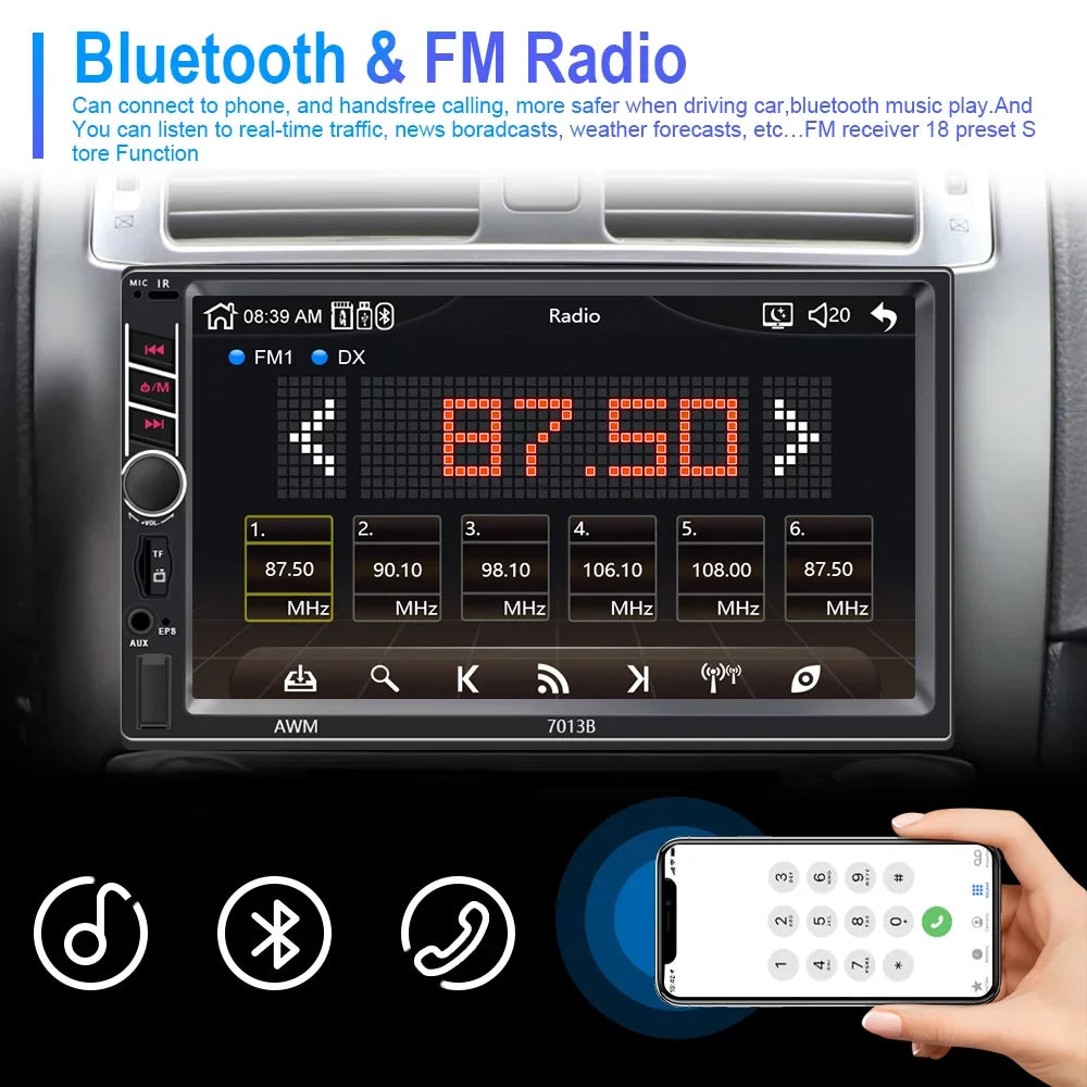Podofo 2 Din Car Stereo with D-play 7 inch Touch Monitor Car MP5 Player Car Radio Bluetooth USB with 4 LED Rear View Camera