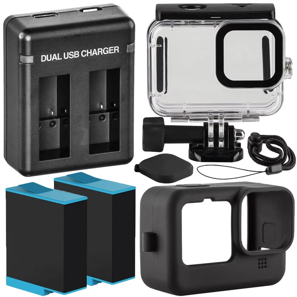 GoPro HERO9 HERO10 HERO11 Black Essential Action Accessory Bundle Includes: 2 Extra Batteries, Dual High Speed Charger, Fluid Housing, and Black Silicone Case