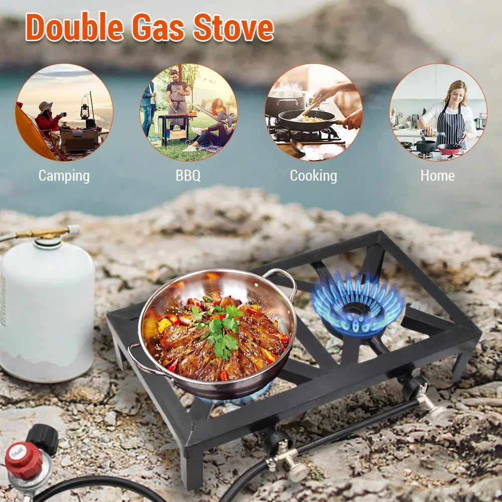 Anself Propane Gas Double Cast Iron Stove for Patio Camping BBQ Cooking (Standard), Sturdy and Reliable Furnace for Cooking Needs