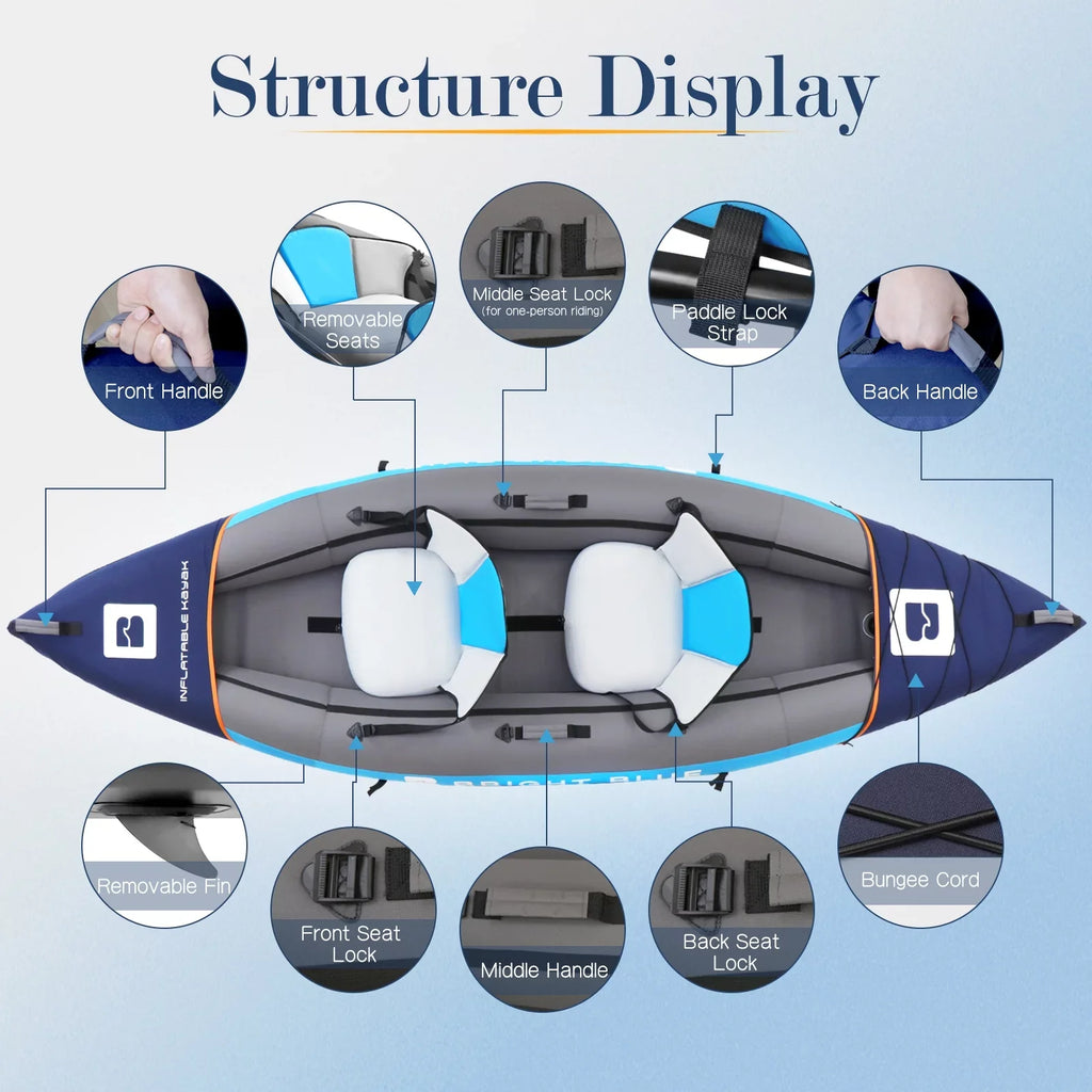 BRIGHT BLUE Inflatable Touring White Fluid Paddling Kayak 1-2 Persons sit-on with Paddles,Hand Pump,Backpack,Fins