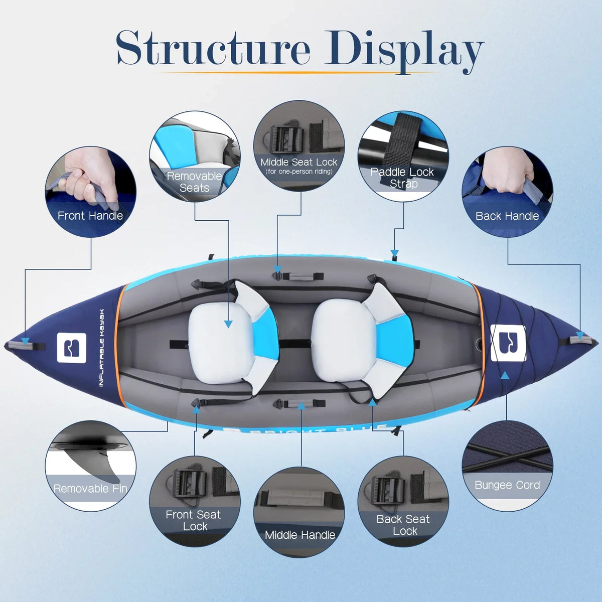 BRIGHT BLUE Inflatable Touring White Fluid Paddling Kayak 1-2 Persons sit-on with Paddles,Hand Pump,Backpack,Fins