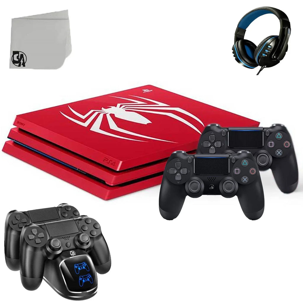 PlayStation 4 Pro 1TB Gaming Console Spider-Man Limited Edition with Charging Dock Headset 2 Controller Bolt Axtion Second-hand