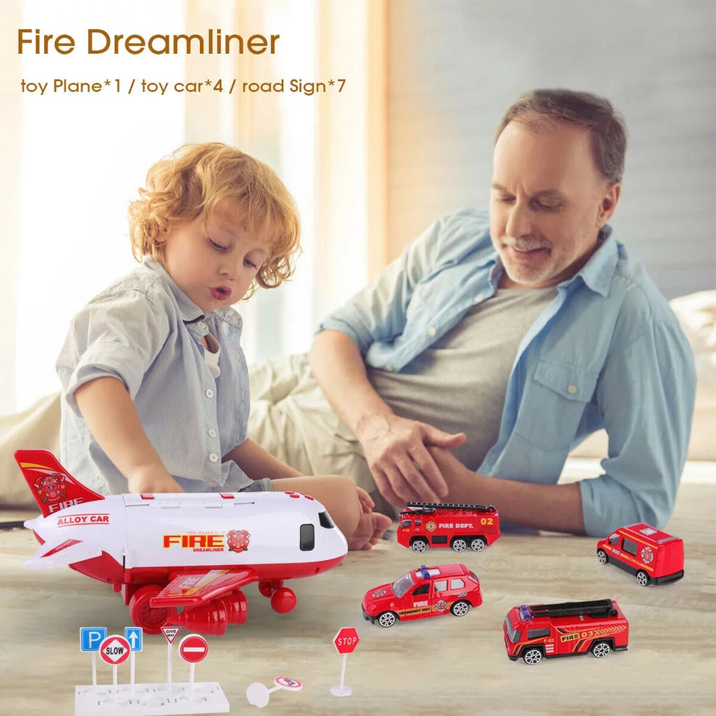 SHANNA Airplane Toy Fire Truck Playset with Music and Lights, Transformable Airplane Storage Cart, 3-6 Years Old Boys and Girls Birthday Christmas Gift (Red)