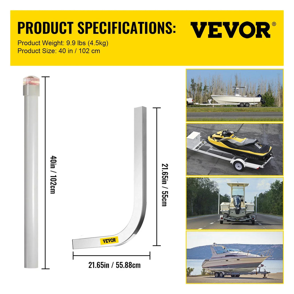 VEVORbrand Boat Trailer Guide-on, 40", 2pcs Galvanized Steel Trailer Post Guide on, with LED-Lighted PVC Tube Covers, Mounting Hardware Included, for Ski Boat, Fishing Boat or Sailboat Trailer