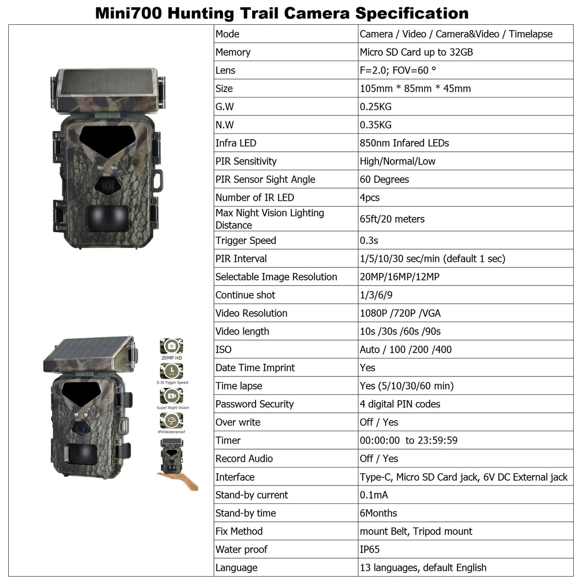 TOMSHOO Trail Camera Solar Powered 20MP 1080P Game Camera 0.3s Trigger Time Hunting Cam with Night Vision Motion Activated IP65 Liquid Loop Recording for Wildlife