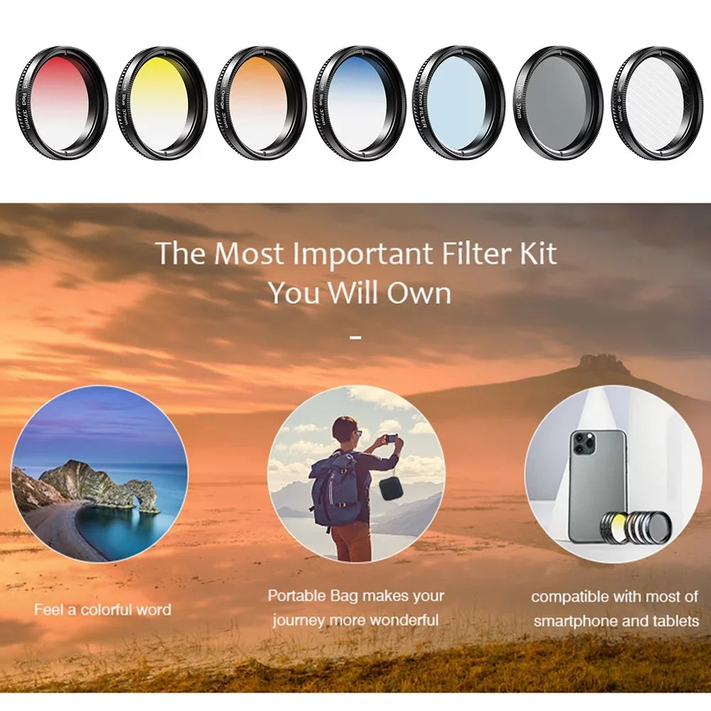 APEXEL Professional 7in1 Phone Graduated Lens Filter Kit 37mm APL-37UV-7G with Red Blue Yellow Orange CPL Star Filters Suitable for Most Smartphones and 37mm Camera Lenses