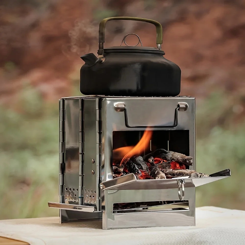 Portable Folding Camping Wood Stove For Outdoor Cooking, Sturdy Lightweight Stainless Steel Wood Burning Camp Stove With Grill For Backpacking BBQ Picnic